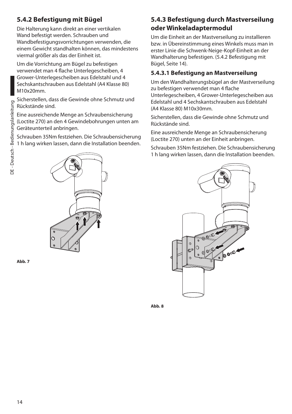 2 befestigung mit bügel, 1 befestigung an mastverseilung | Videotec MAXIMUS MPXT User Manual | Page 286 / 454