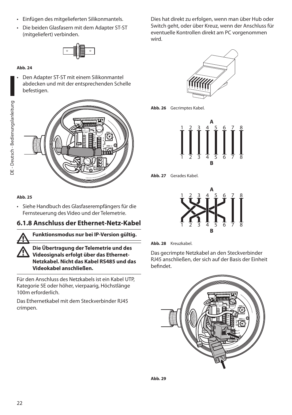 8 anschluss der ethernet-netz-kabel, De - d eutsch - b edienungslanleitung | Videotec MAXIMUS MPXT User Manual | Page 294 / 454