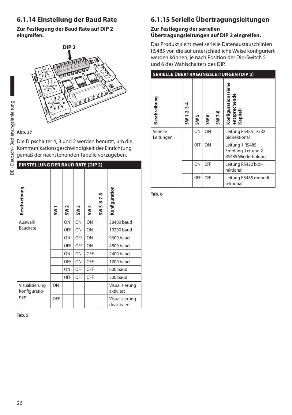 14 einstellung der baud rate, 15 serielle übertragungsleitungen, Zur festlegung der baud rate auf dip 2 eingreifen | Dip 2 | Videotec MAXIMUS MPXT User Manual | Page 298 / 454