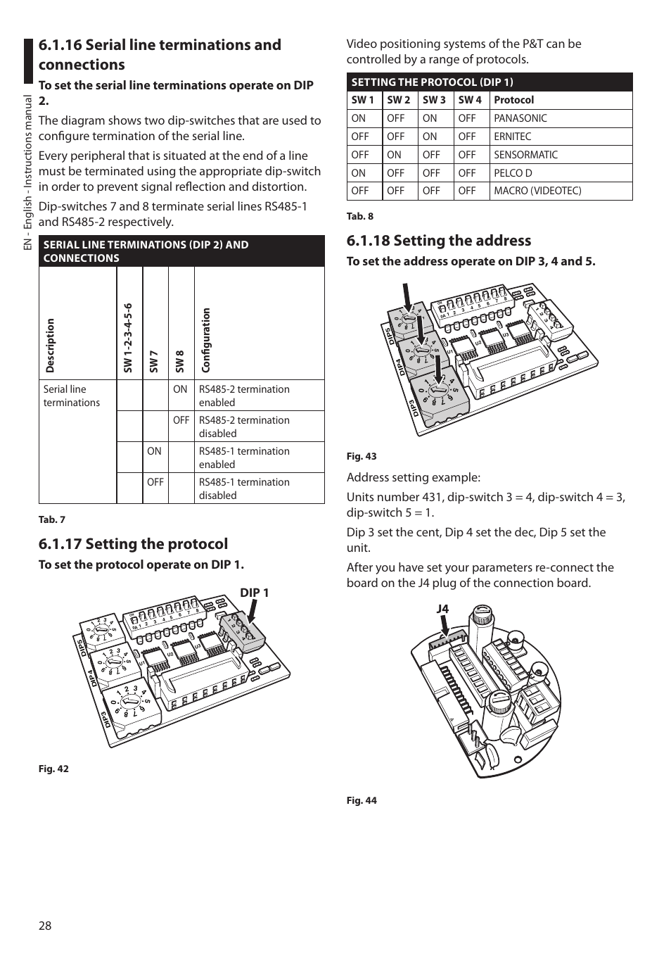 16 serial line terminations and connections, 17 setting the protocol, 18 setting the address | Dip 1, En - english - i nstruc tions manual | Videotec MAXIMUS MPXT User Manual | Page 30 / 454