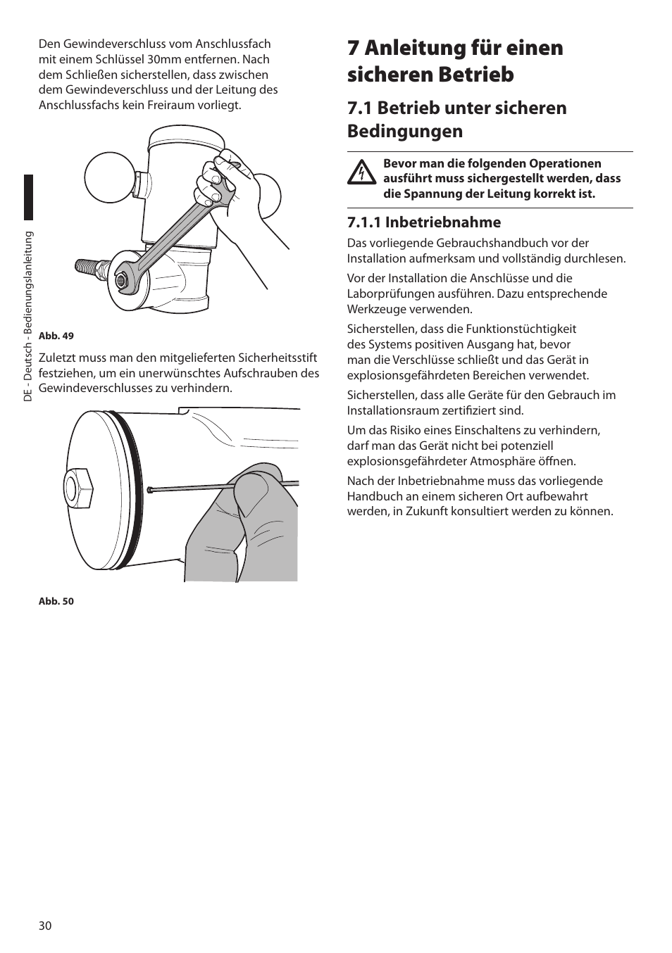 7 anleitung für einen sicheren betrieb, 1 betrieb unter sicheren bedingungen, 1 inbetriebnahme | Videotec MAXIMUS MPXT User Manual | Page 302 / 454
