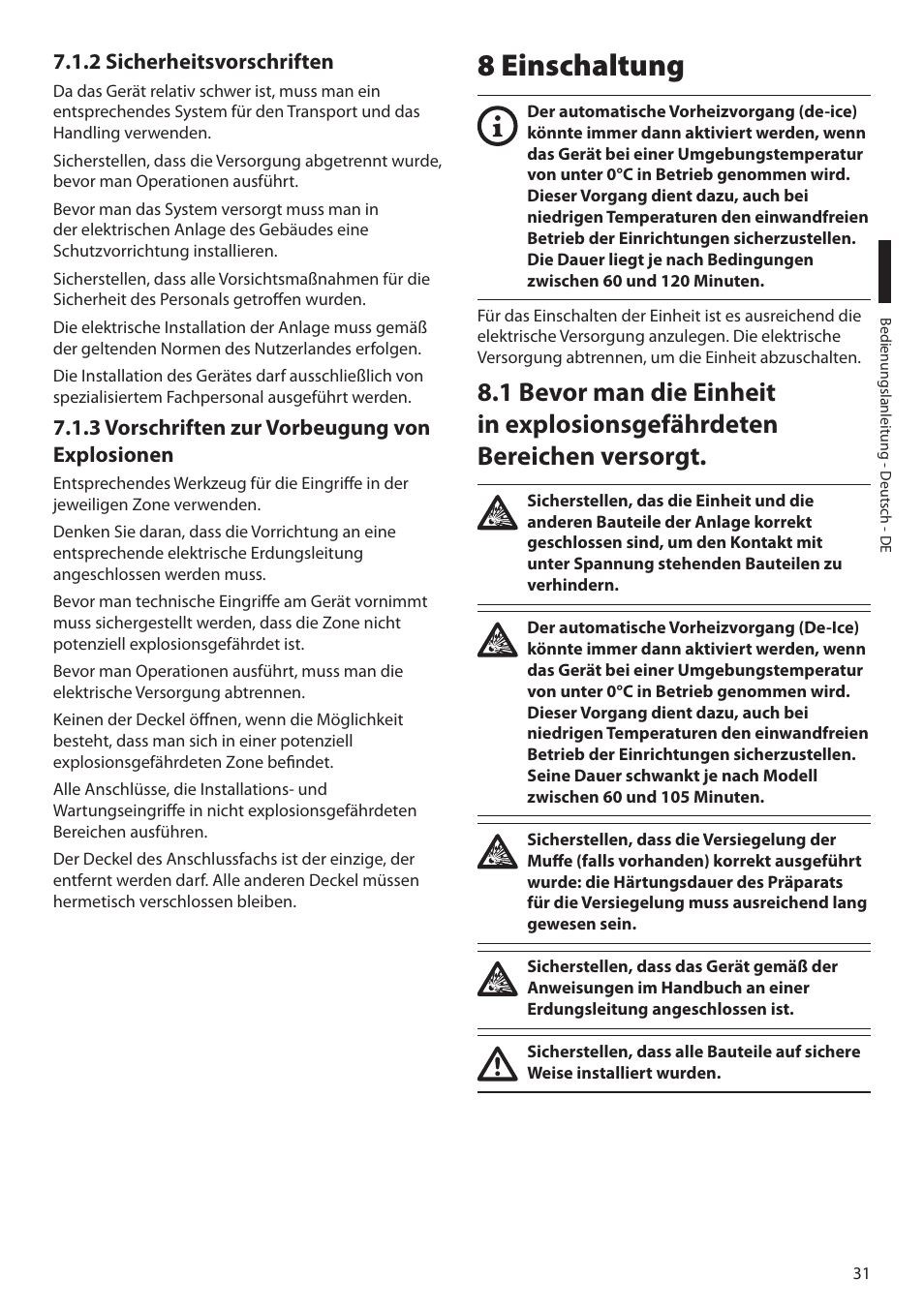 2 sicherheitsvorschriften, 3 vorschriften zur vorbeugung von explosionen, 8 einschaltung | Videotec MAXIMUS MPXT User Manual | Page 303 / 454