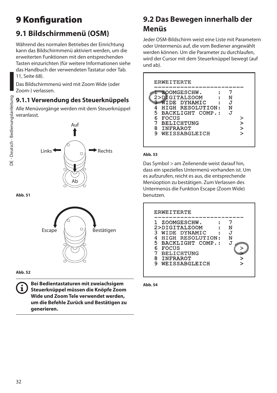 9 konfiguration, 1 bildschirmmenü (osm), 1 verwendung des steuerknüppels | 2 das bewegen innerhalb der menüs | Videotec MAXIMUS MPXT User Manual | Page 304 / 454
