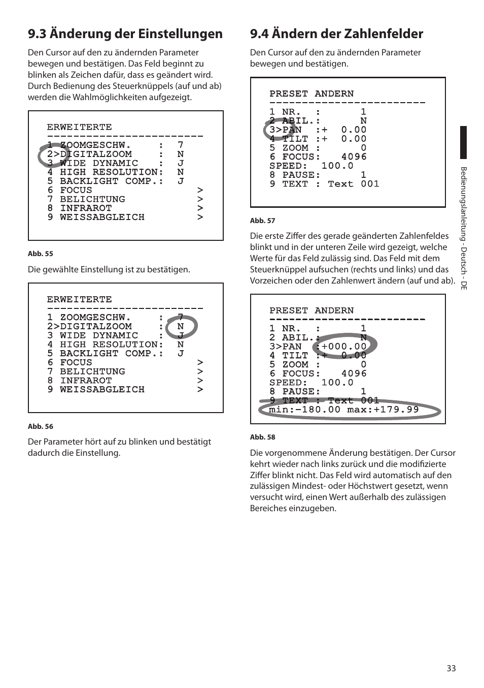 3 änderung der einstellungen, 4 ändern der zahlenfelder | Videotec MAXIMUS MPXT User Manual | Page 305 / 454
