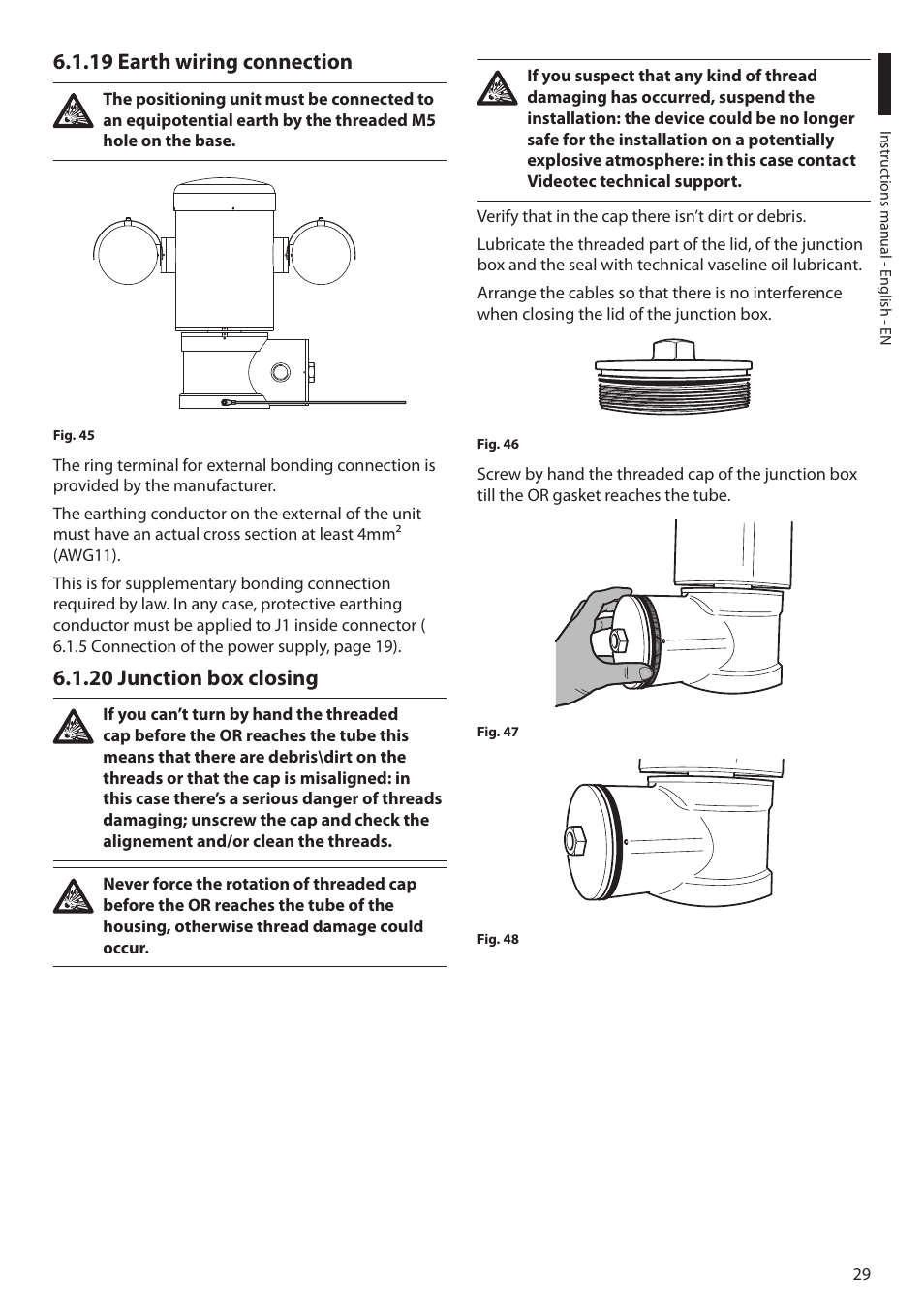 19 earth wiring connection, 20 junction box closing | Videotec MAXIMUS MPXT User Manual | Page 31 / 454