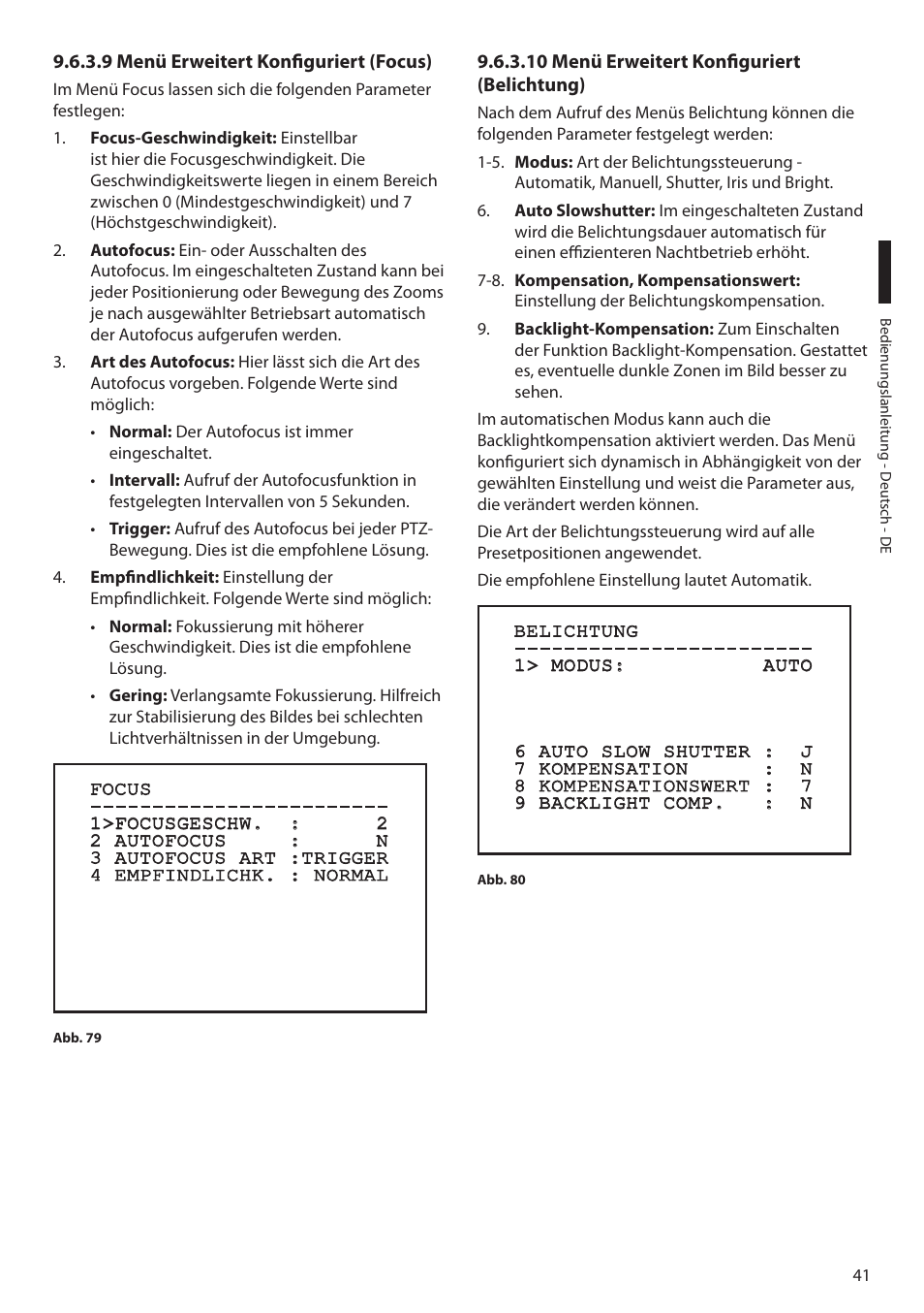 9 menü erweitert konfiguriert (focus), 10 menü erweitert konfiguriert (belichtung) | Videotec MAXIMUS MPXT User Manual | Page 313 / 454