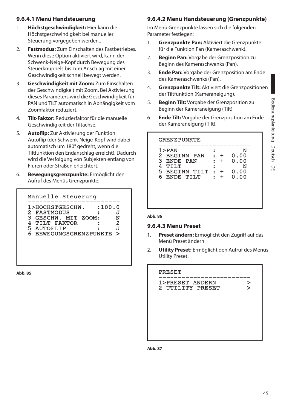 1 menü handsteuerung, 2 menü handsteuerung (grenzpunkte), 3 menü preset | Videotec MAXIMUS MPXT User Manual | Page 317 / 454
