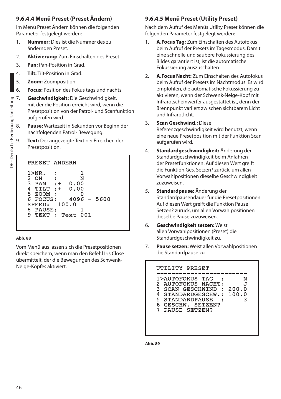 4 menü preset (preset ändern), 5 menü preset (utility preset) | Videotec MAXIMUS MPXT User Manual | Page 318 / 454