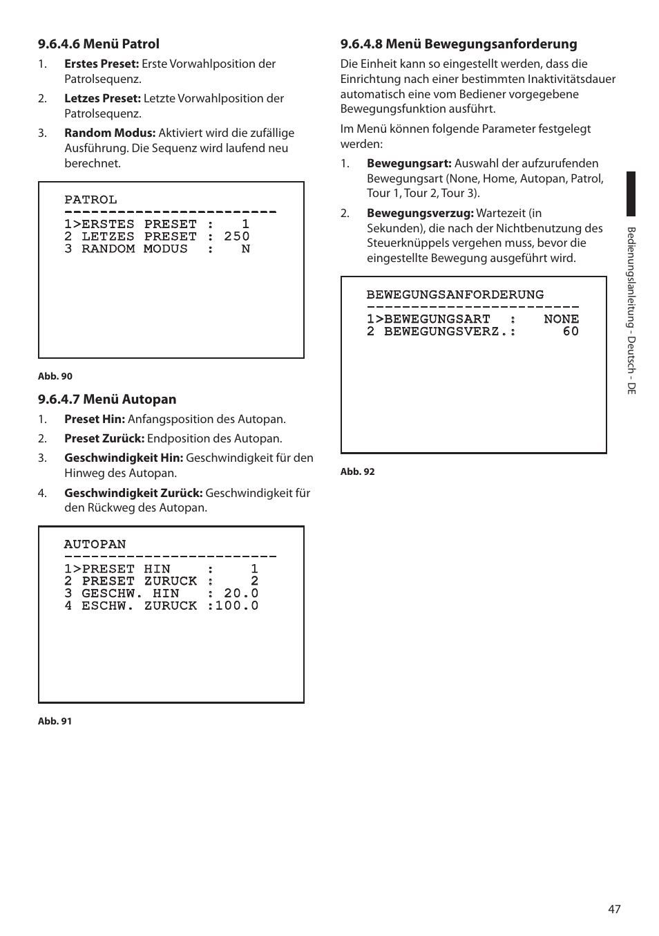 6 menü patrol, 7 menü autopan, 8 menü bewegungsanforderung | Videotec MAXIMUS MPXT User Manual | Page 319 / 454