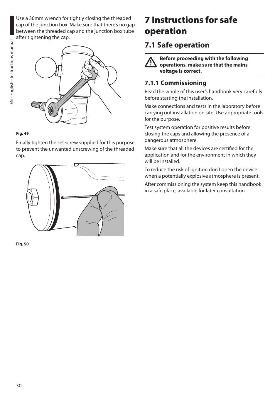 7 instructions for safe operation, 1 safe operation, 1 commissioning | Videotec MAXIMUS MPXT User Manual | Page 32 / 454
