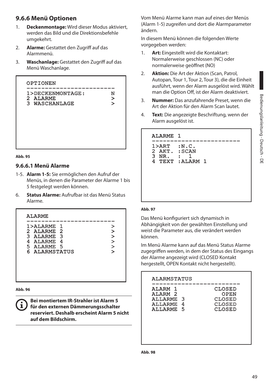 6 menü optionen, 1 menü alarme | Videotec MAXIMUS MPXT User Manual | Page 321 / 454