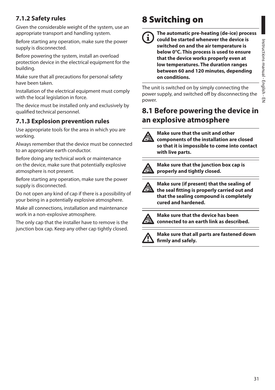 2 safety rules, 3 explosion prevention rules, 8 switching on | 2 safety rules 7.1.3 explosion prevention rules | Videotec MAXIMUS MPXT User Manual | Page 33 / 454