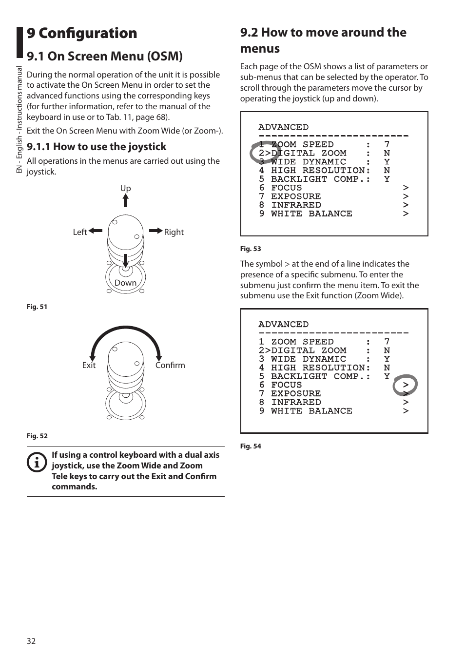 9 configuration, 1 on screen menu (osm), 1 how to use the joystick | 2 how to move around the menus | Videotec MAXIMUS MPXT User Manual | Page 34 / 454
