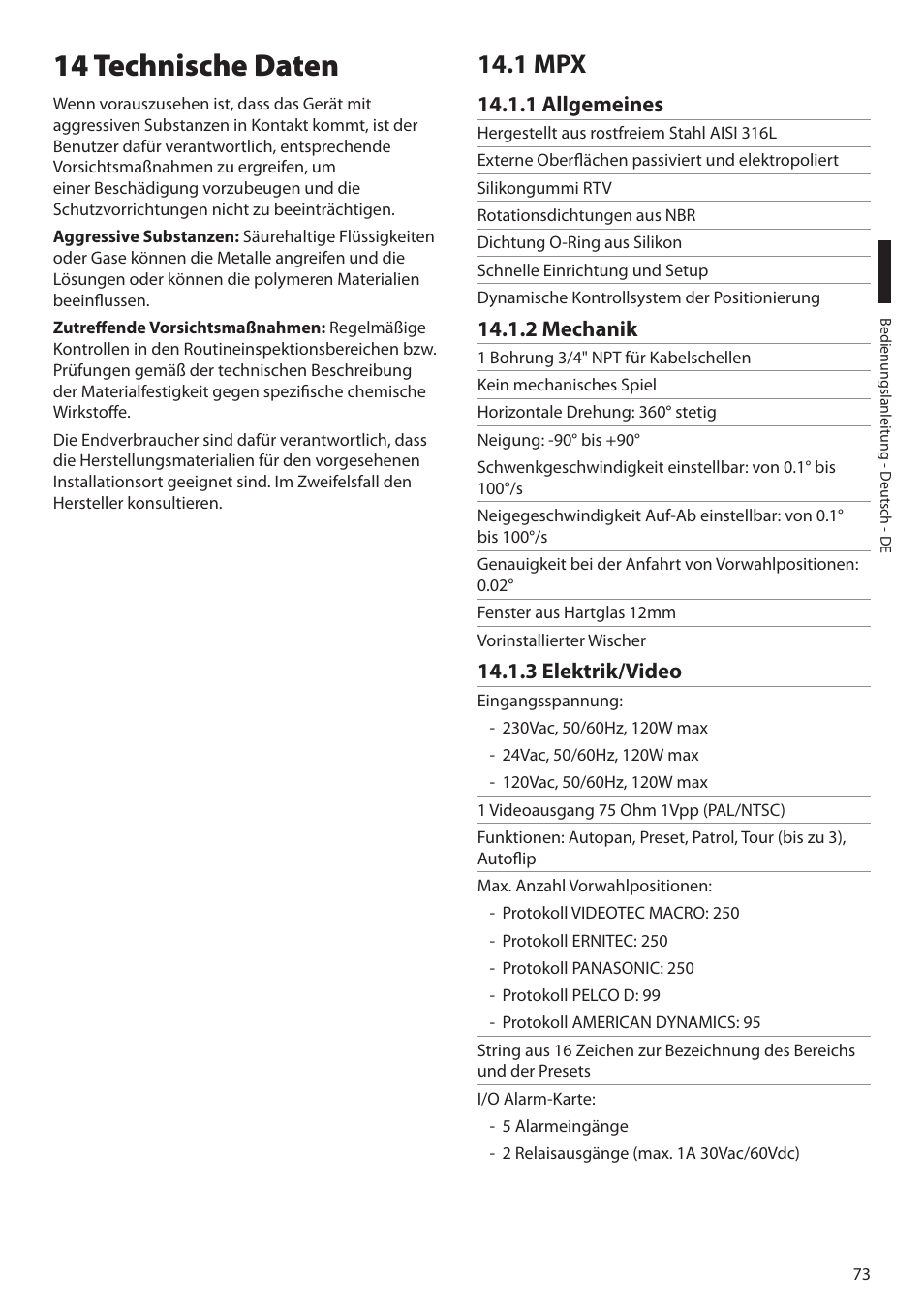 14 technische daten, 1 mpx, 1 allgemeines | 2 mechanik, 3 elektrik/video, 2 mechanik 14.1.3 elektrik/video | Videotec MAXIMUS MPXT User Manual | Page 345 / 454