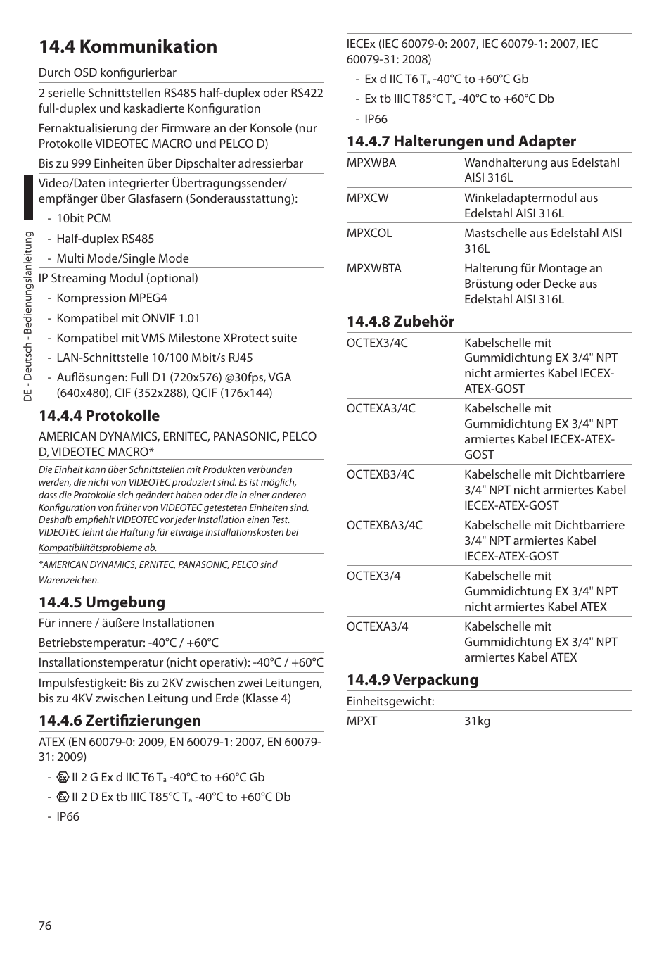 4 kommunikation, 4 protokolle, 5 umgebung | 6 zertifizierungen, 7 halterungen und adapter, 8 zubehör, 9 verpackung | Videotec MAXIMUS MPXT User Manual | Page 348 / 454