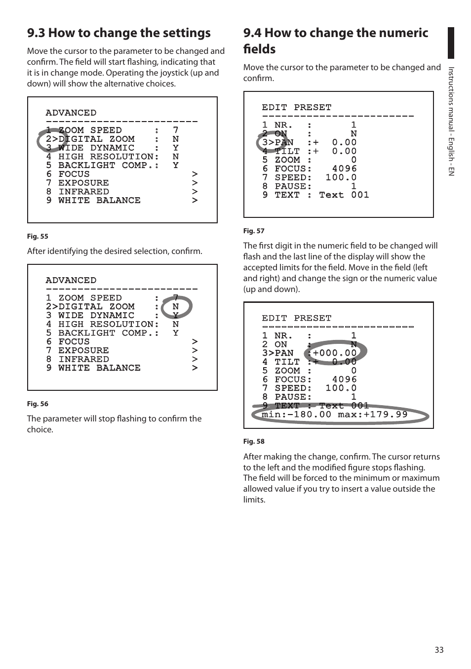 3 how to change the settings, 4 how to change the numeric fields | Videotec MAXIMUS MPXT User Manual | Page 35 / 454