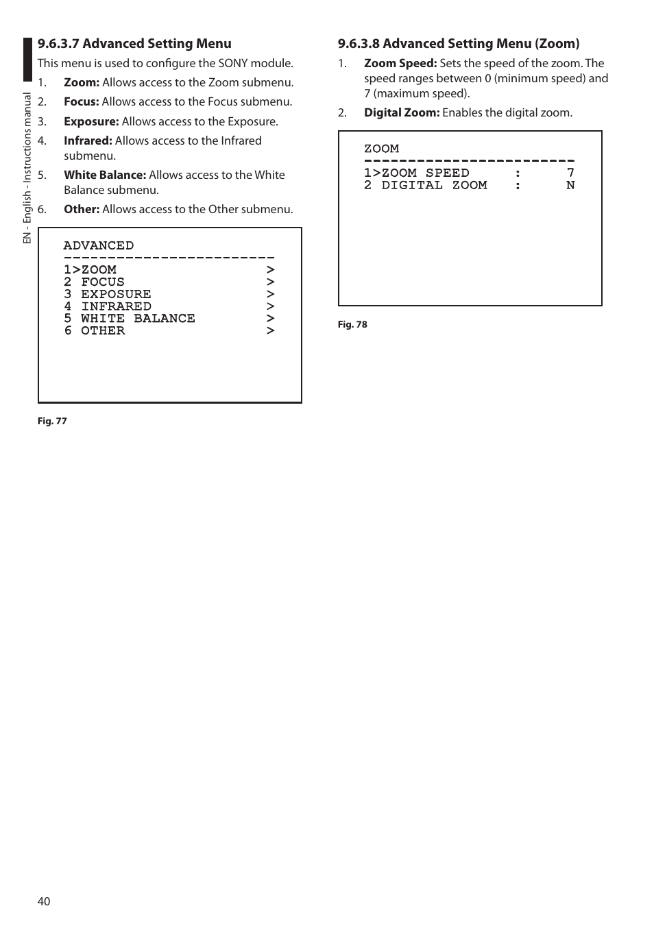 7 advanced setting menu, 8 advanced setting menu (zoom) | Videotec MAXIMUS MPXT User Manual | Page 42 / 454