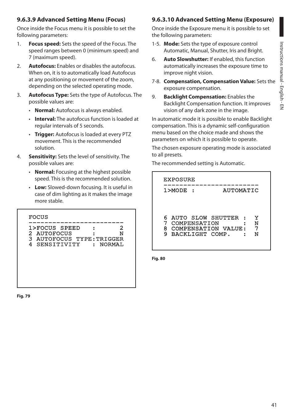 9 advanced setting menu (focus), 10 advanced setting menu (exposure) | Videotec MAXIMUS MPXT User Manual | Page 43 / 454