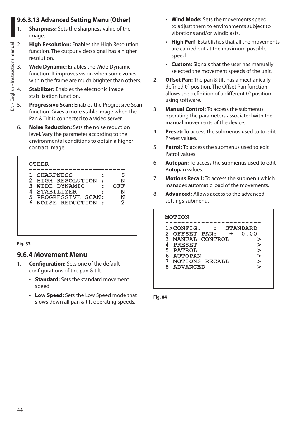 13 advanced setting menu (other), 4 movement menu | Videotec MAXIMUS MPXT User Manual | Page 46 / 454