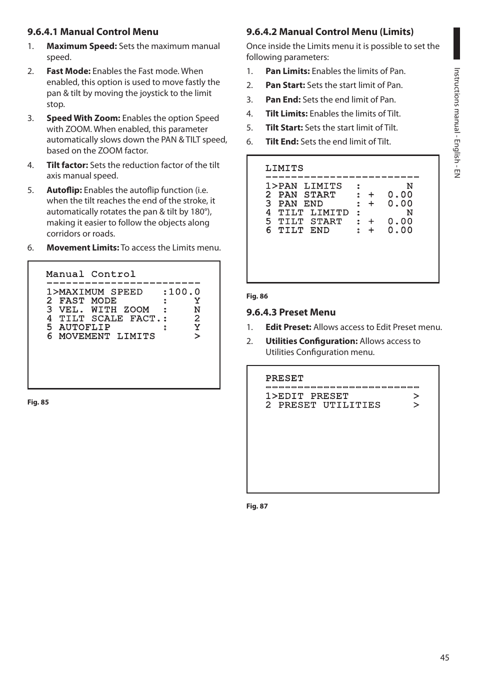 1 manual control menu, 2 manual control menu (limits), 3 preset menu | Videotec MAXIMUS MPXT User Manual | Page 47 / 454