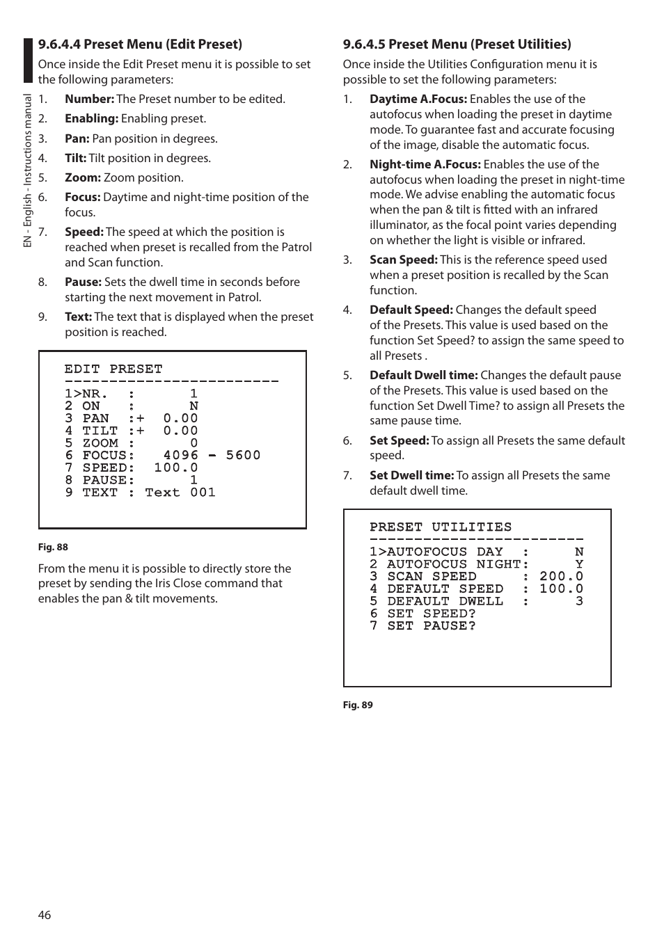 4 preset menu (edit preset), 5 preset menu (preset utilities) | Videotec MAXIMUS MPXT User Manual | Page 48 / 454