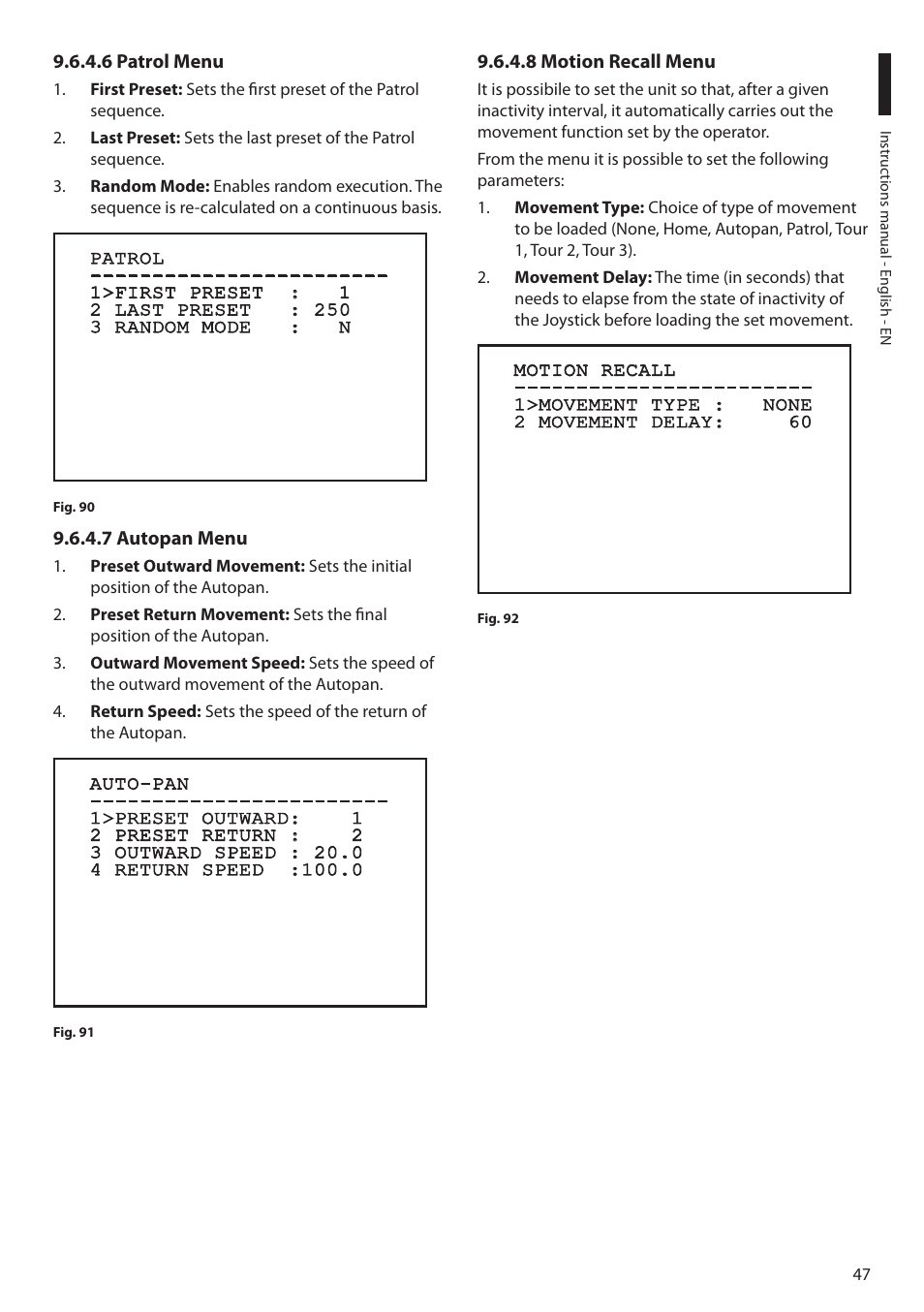 6 patrol menu, 7 autopan menu, 8 motion recall menu | Videotec MAXIMUS MPXT User Manual | Page 49 / 454