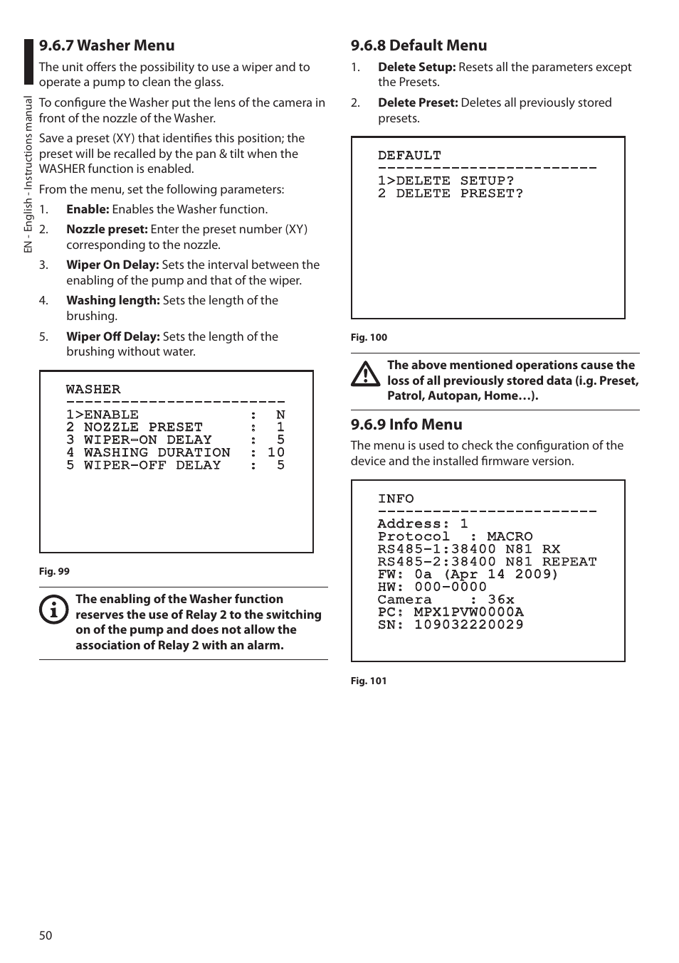 7 washer menu, 8 default menu, 9 info menu | 8 default menu 9.6.9 info menu | Videotec MAXIMUS MPXT User Manual | Page 52 / 454