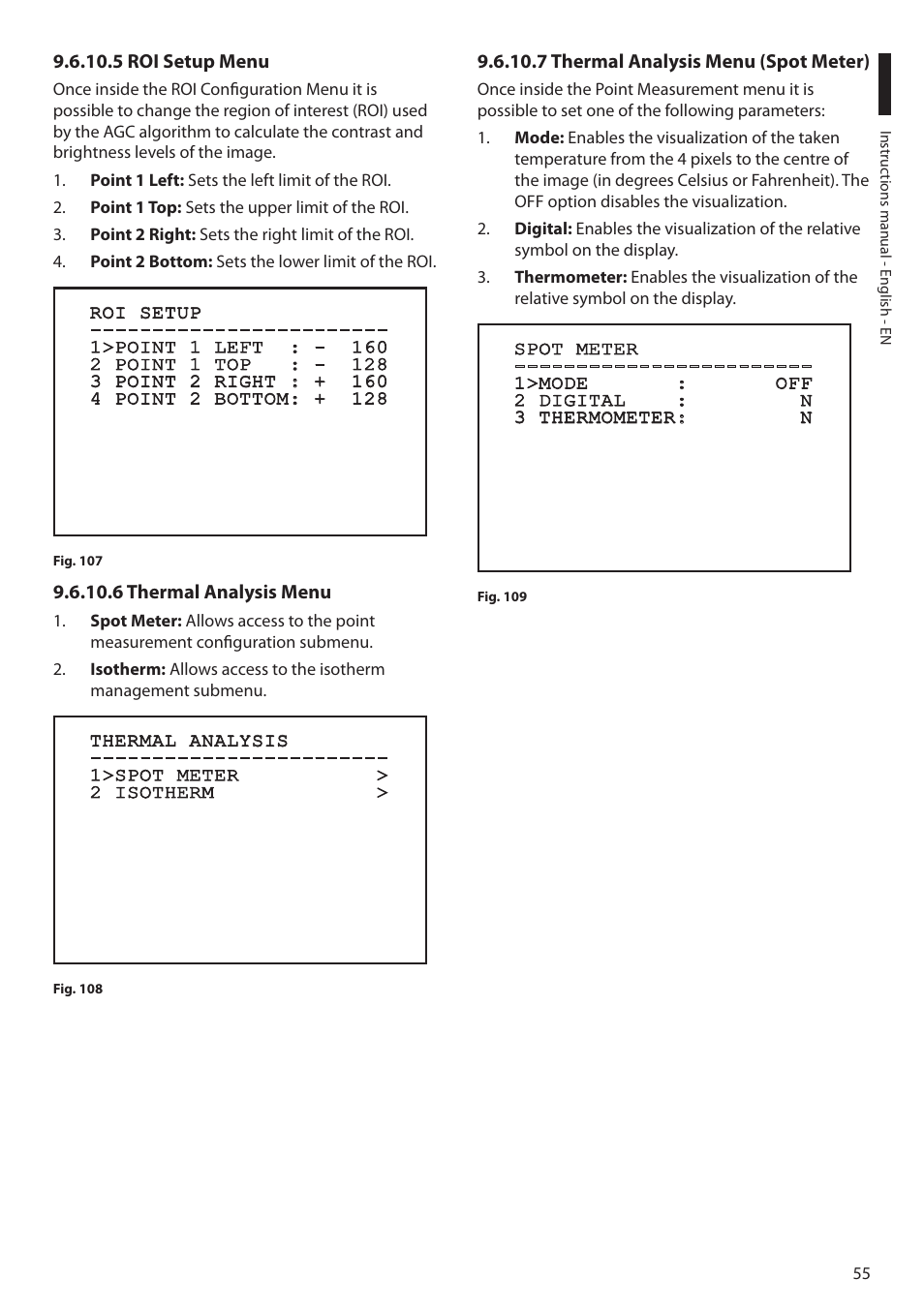 5 roi setup menu, 6 thermal analysis menu, 7 thermal analysis menu (spot meter) | Videotec MAXIMUS MPXT User Manual | Page 57 / 454