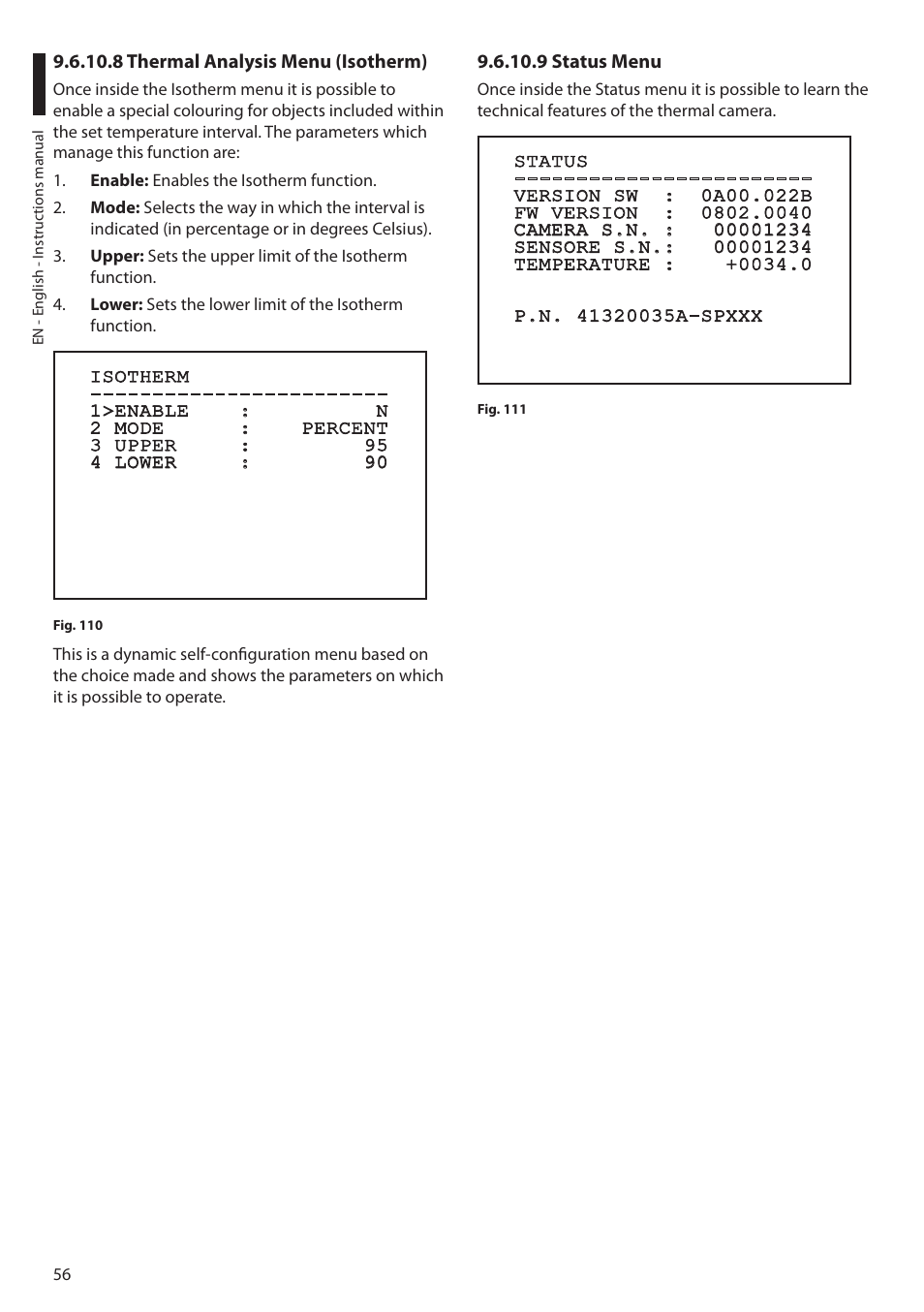 8 thermal analysis menu (isotherm), 9 status menu | Videotec MAXIMUS MPXT User Manual | Page 58 / 454