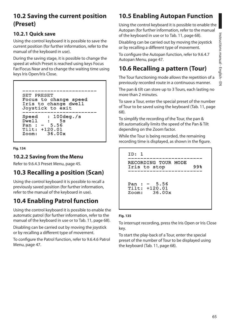 2 saving the current position (preset), 1 quick save, 2 saving from the menu | 3 recalling a position (scan), 4 enabling patrol function, 5 enabling autopan function, 6 recalling a pattern (tour), 1 quick save 10.2.2 saving from the menu | Videotec MAXIMUS MPXT User Manual | Page 67 / 454
