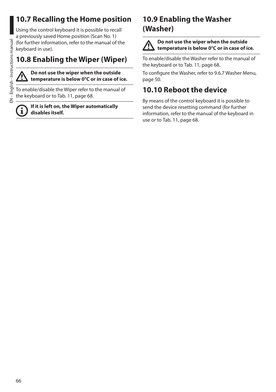 7 recalling the home position, 8 enabling the wiper (wiper), 9 enabling the washer (washer) | 10 reboot the device | Videotec MAXIMUS MPXT User Manual | Page 68 / 454