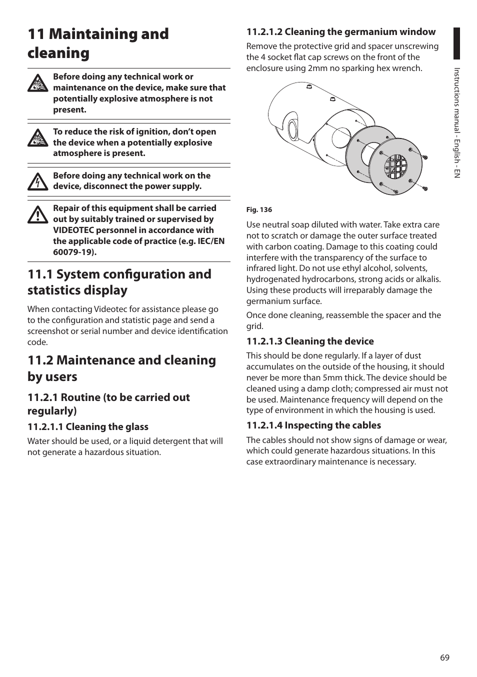 11 maintaining and cleaning, 1 system configuration and statistics display, 2 maintenance and cleaning by users | 1 routine (to be carried out regularly), 1 cleaning the glass, 2 cleaning the germanium window, 3 cleaning the device, 4 inspecting the cables | Videotec MAXIMUS MPXT User Manual | Page 71 / 454
