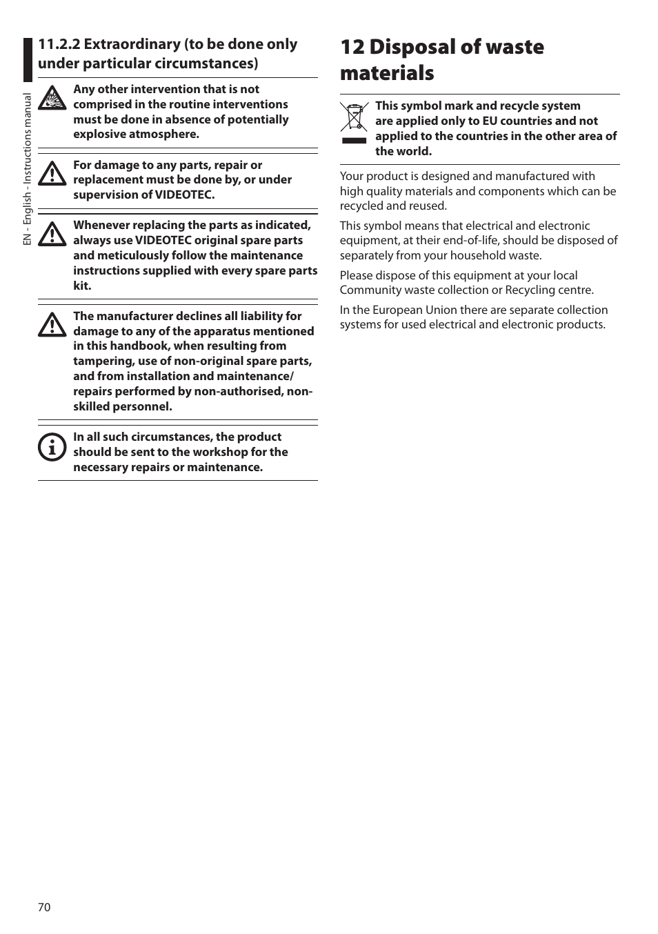 12 disposal of waste materials | Videotec MAXIMUS MPXT User Manual | Page 72 / 454