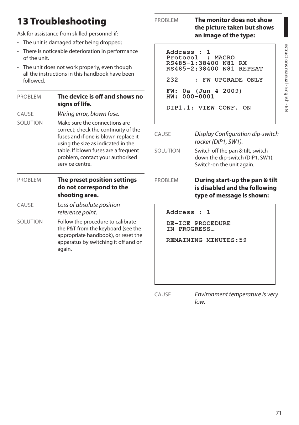 13 troubleshooting | Videotec MAXIMUS MPXT User Manual | Page 73 / 454