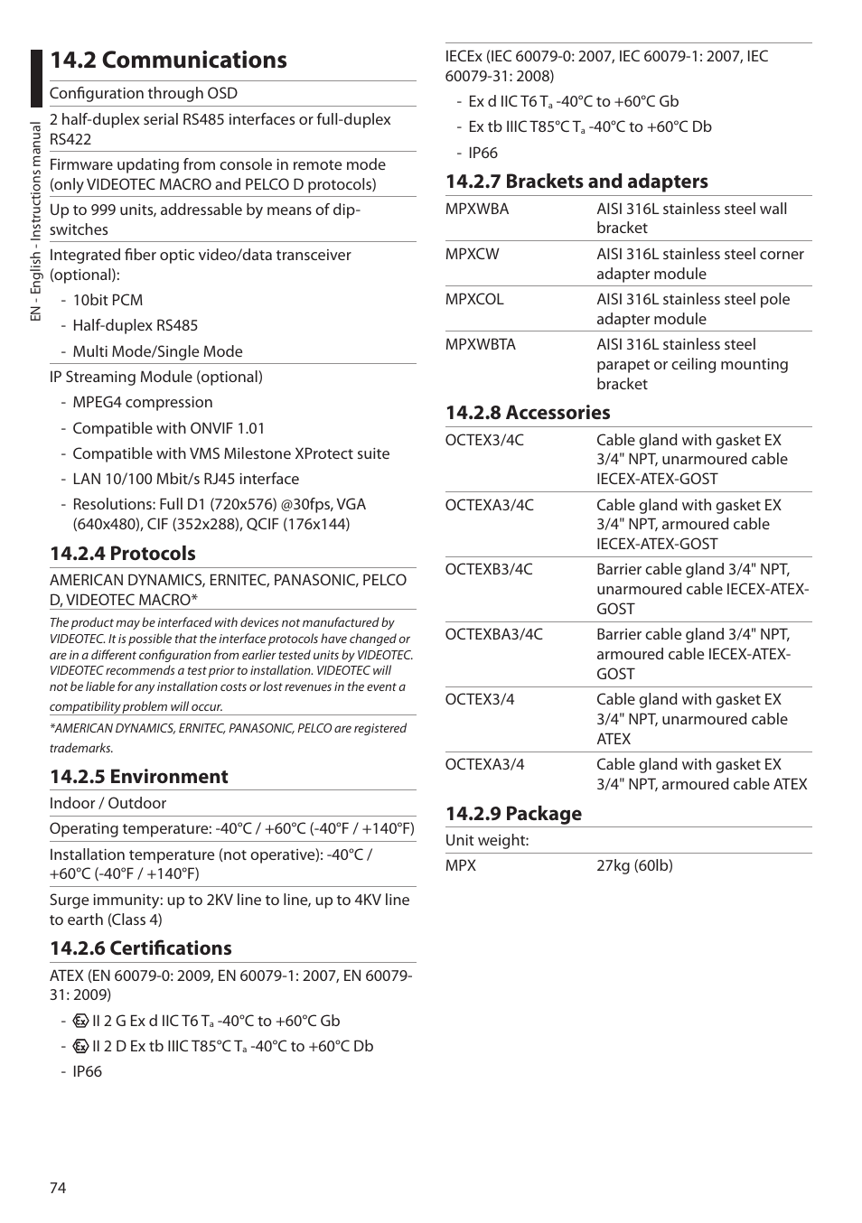 2 communications, 4 protocols, 5 environment | 6 certifications, 7 brackets and adapters, 8 accessories, 9 package | Videotec MAXIMUS MPXT User Manual | Page 76 / 454