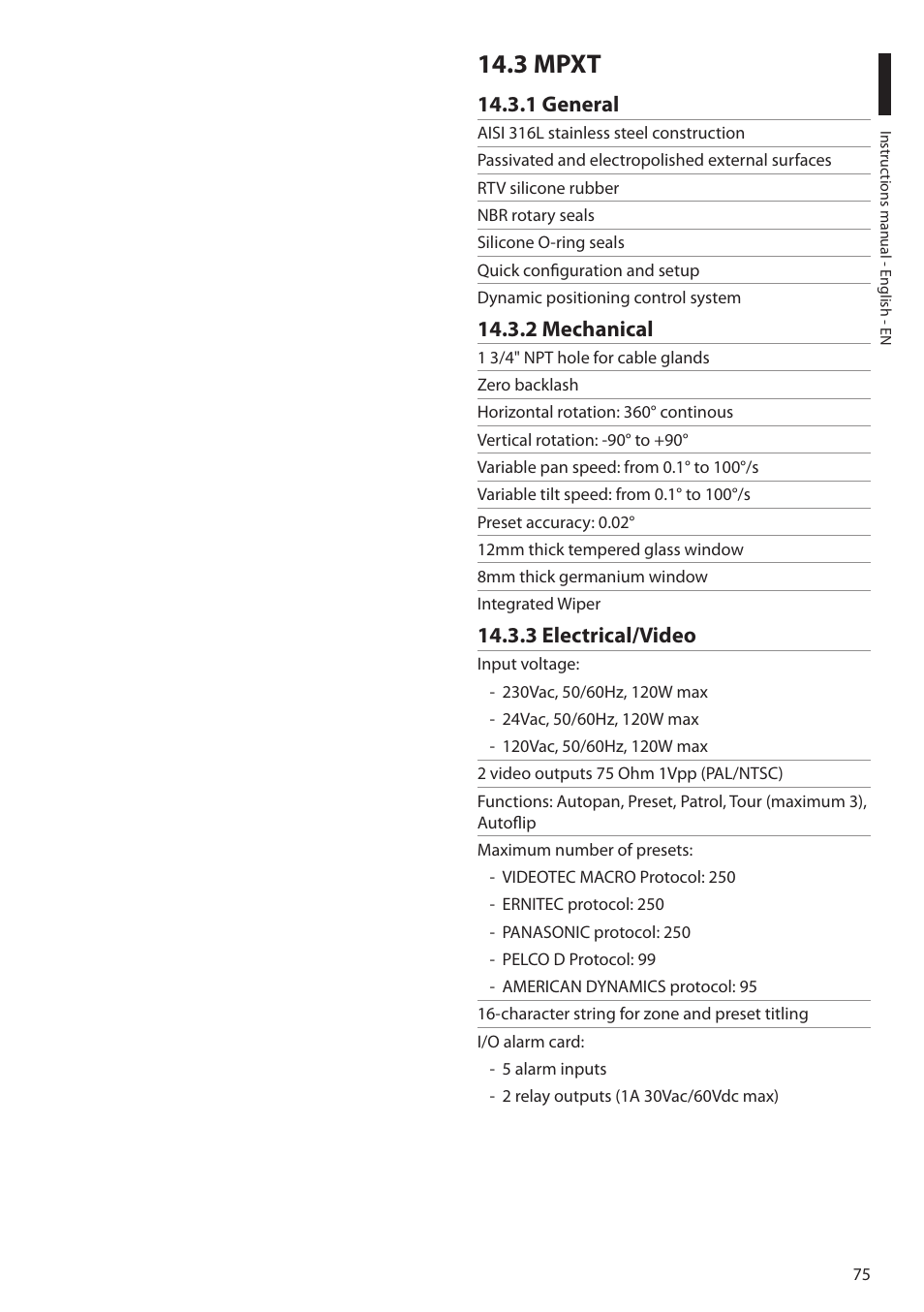 3 mpxt, 1 general, 2 mechanical | 3 electrical/video | Videotec MAXIMUS MPXT User Manual | Page 77 / 454