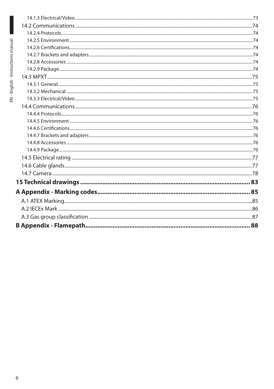 15 technical drawings a appendix - marking codes, B appendix - flamepath | Videotec MAXIMUS MPXT User Manual | Page 8 / 454