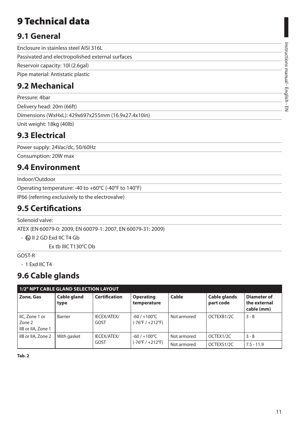 9 technical data, 1 general, 2 mechanical | 3 electrical, 4 environment, 5 certifications, 6 cable glands | Videotec MAXIMUS WASEX User Manual | Page 13 / 64