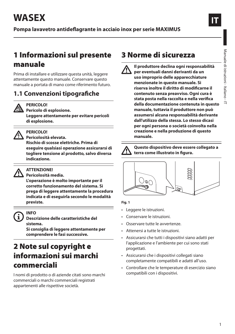 Italiano, 1 informazioni sul presente manuale, 1 convenzioni tipografiche | 3 norme di sicurezza, Wasex | Videotec MAXIMUS WASEX User Manual | Page 15 / 64