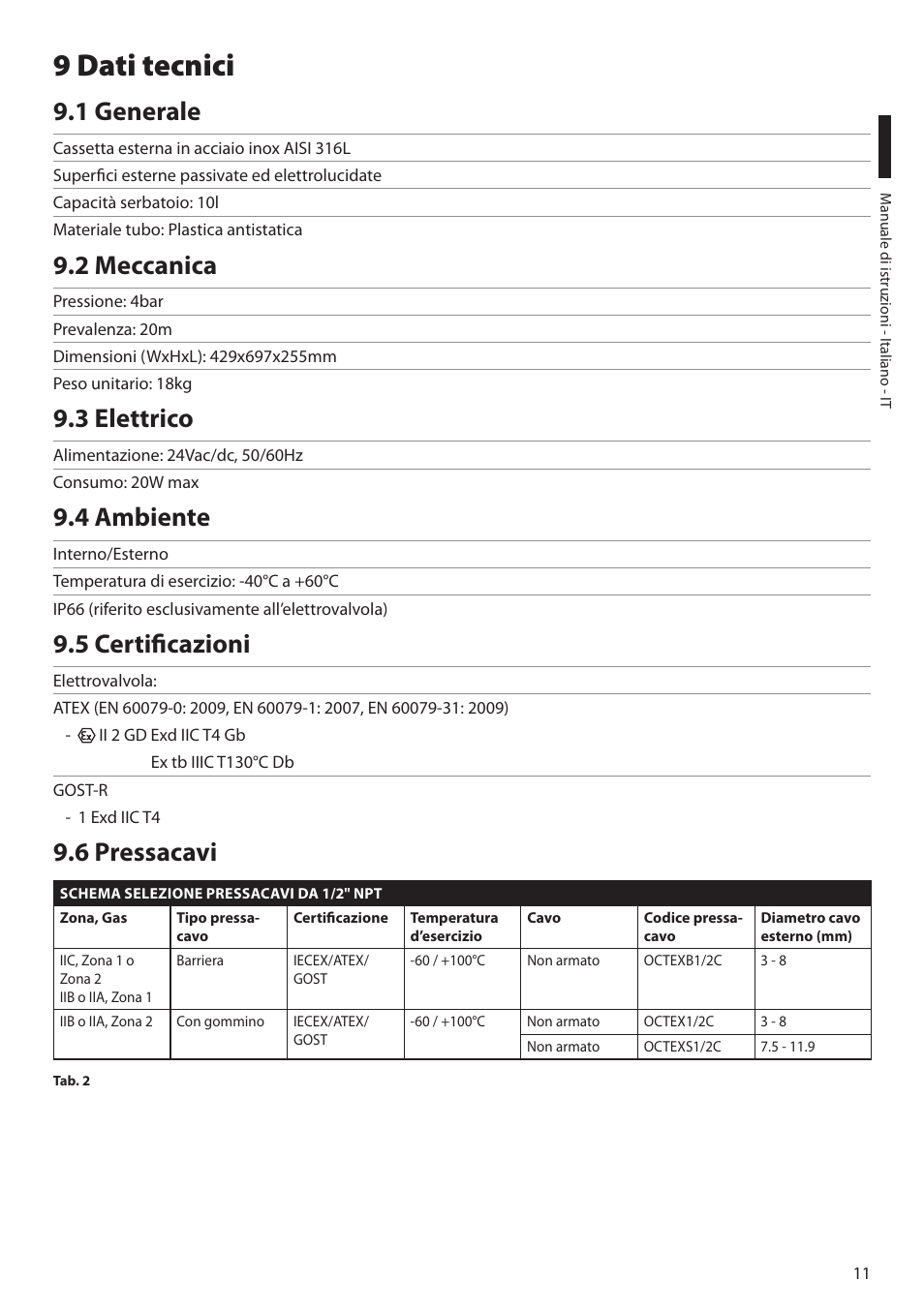 9 dati tecnici, 1 generale, 2 meccanica | 3 elettrico, 4 ambiente, 5 certificazioni, 6 pressacavi | Videotec MAXIMUS WASEX User Manual | Page 25 / 64