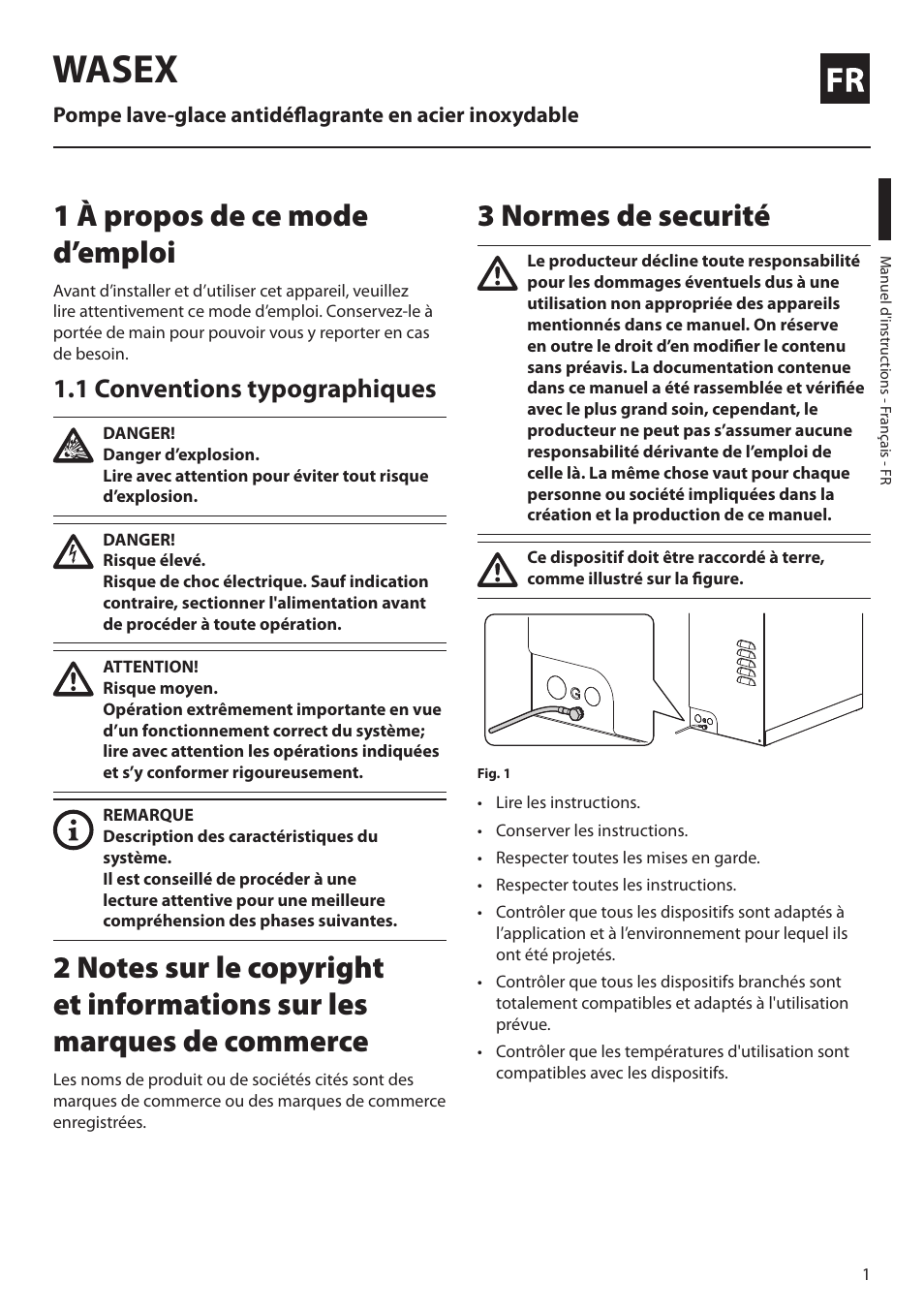 Français, 1 à propos de ce mode d’emploi, 1 conventions typographiques | 3 normes de securité, Wasex | Videotec MAXIMUS WASEX User Manual | Page 27 / 64