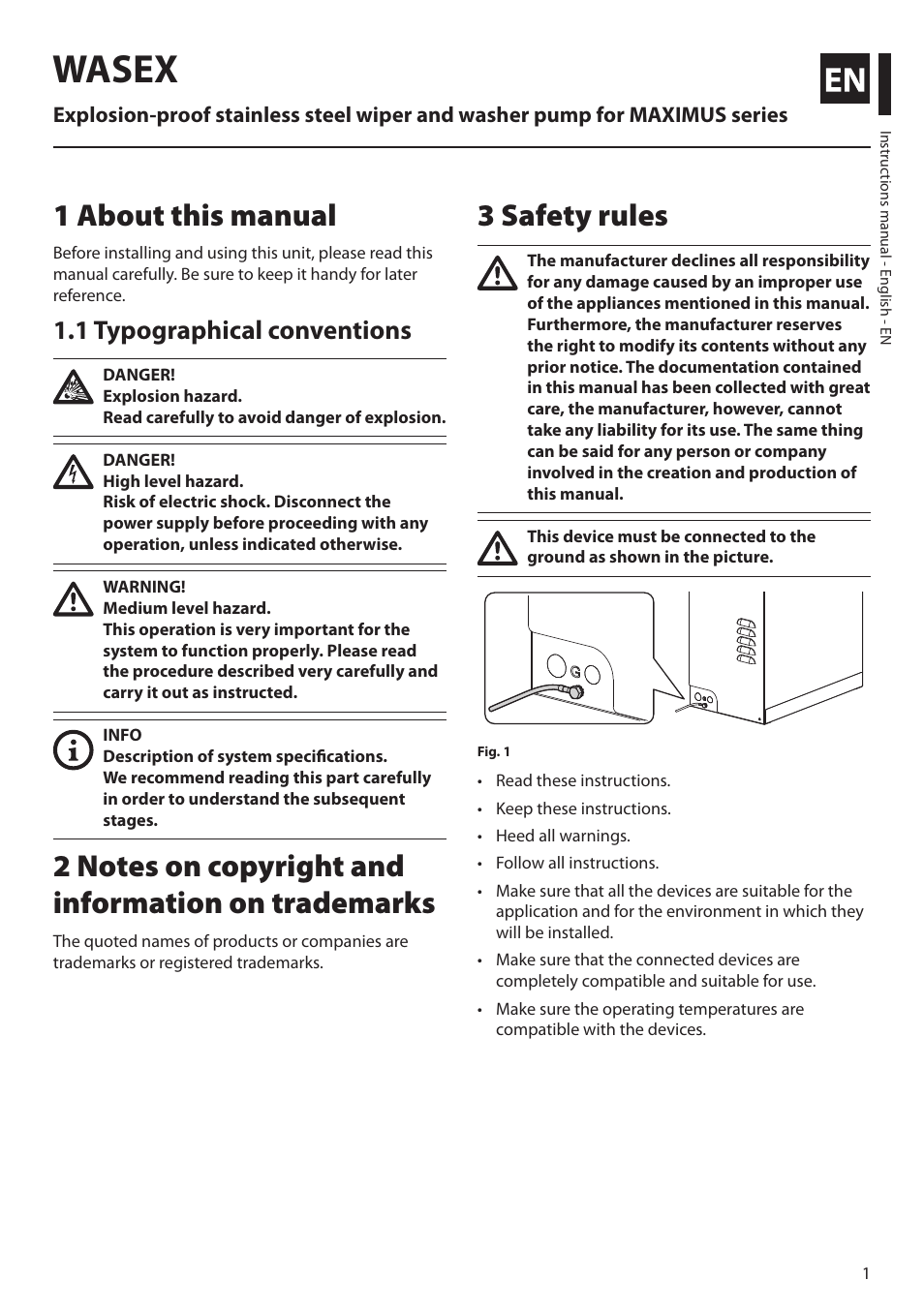 English, 1 about this manual, 1 typographical conventions | 2 notes on copyright and information on trademarks, 3 safety rules, Wasex | Videotec MAXIMUS WASEX User Manual | Page 3 / 64
