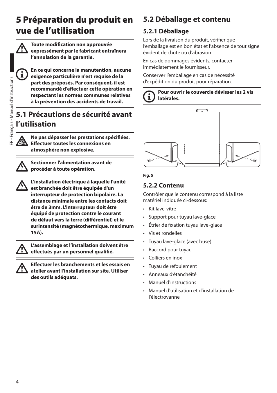5 préparation du produit en vue de l’utilisation, 1 précautions de sécurité avant l’utilisation, 2 déballage et contenu | 1 déballage, 2 contenu | Videotec MAXIMUS WASEX User Manual | Page 30 / 64