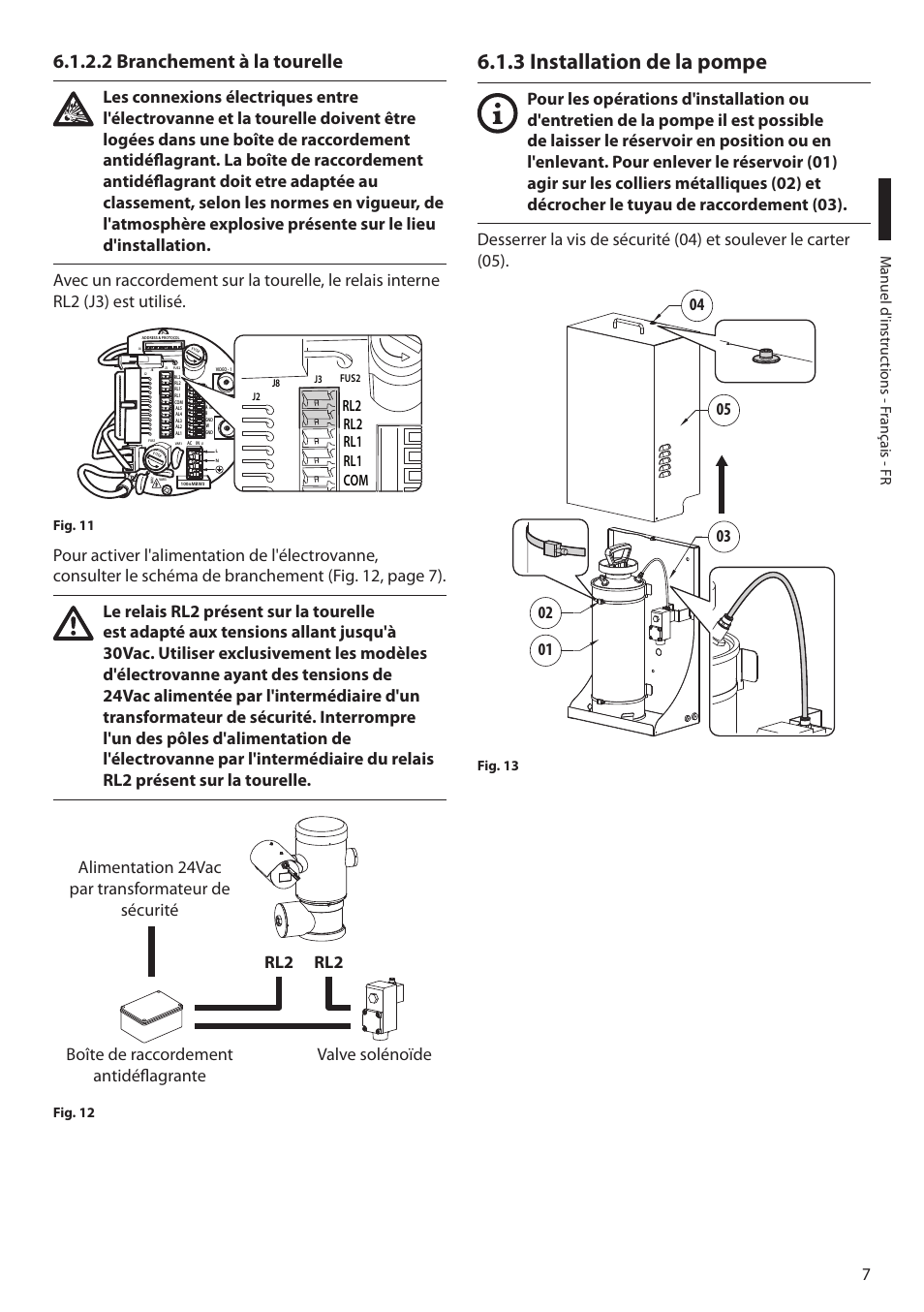 2 branchement à la tourelle, 3 installation de la pompe, Com rl1 rl1 rl2 rl2 | Videotec MAXIMUS WASEX User Manual | Page 33 / 64