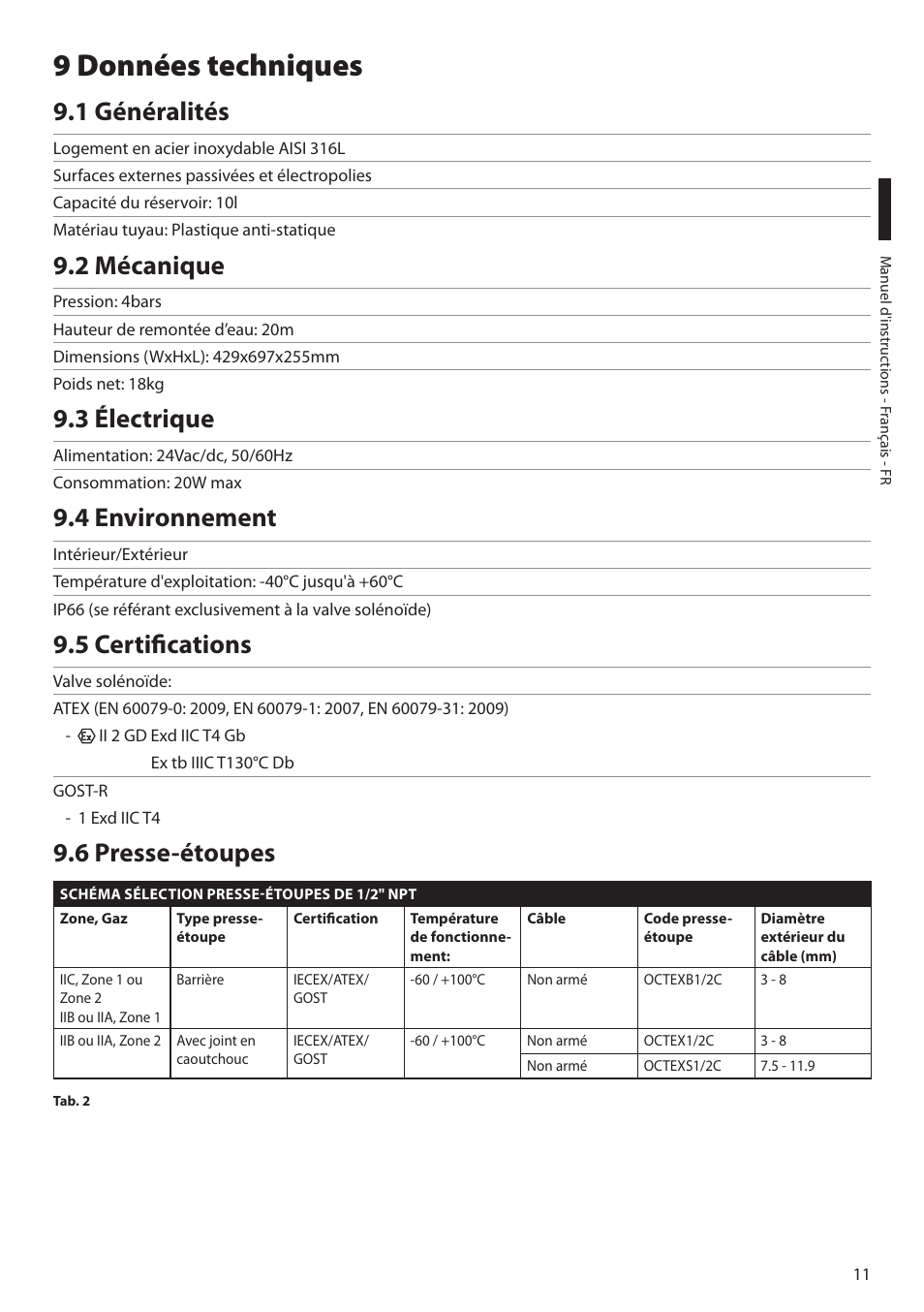 9 données techniques, 1 généralités, 2 mécanique | 3 électrique, 4 environnement, 5 certifications, 6 presse-étoupes | Videotec MAXIMUS WASEX User Manual | Page 37 / 64