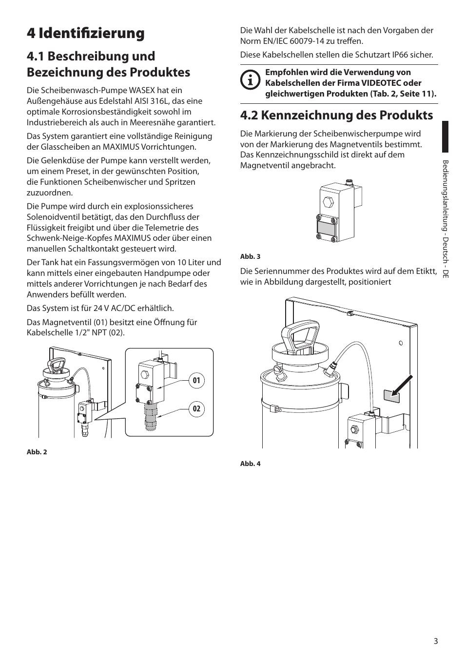 4 identifizierung, 1 beschreibung und bezeichnung des produktes, 2 kennzeichnung des produkts | Videotec MAXIMUS WASEX User Manual | Page 41 / 64