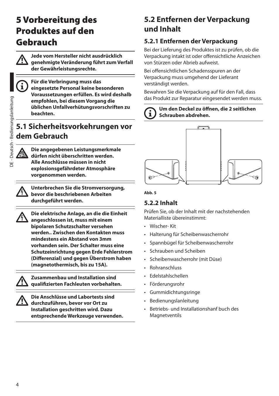 5 vorbereitung des produktes auf den gebrauch, 1 sicherheitsvorkehrungen vor dem gebrauch, 2 entfernen der verpackung und inhalt | 1 entfernen der verpackung, 2 inhalt | Videotec MAXIMUS WASEX User Manual | Page 42 / 64