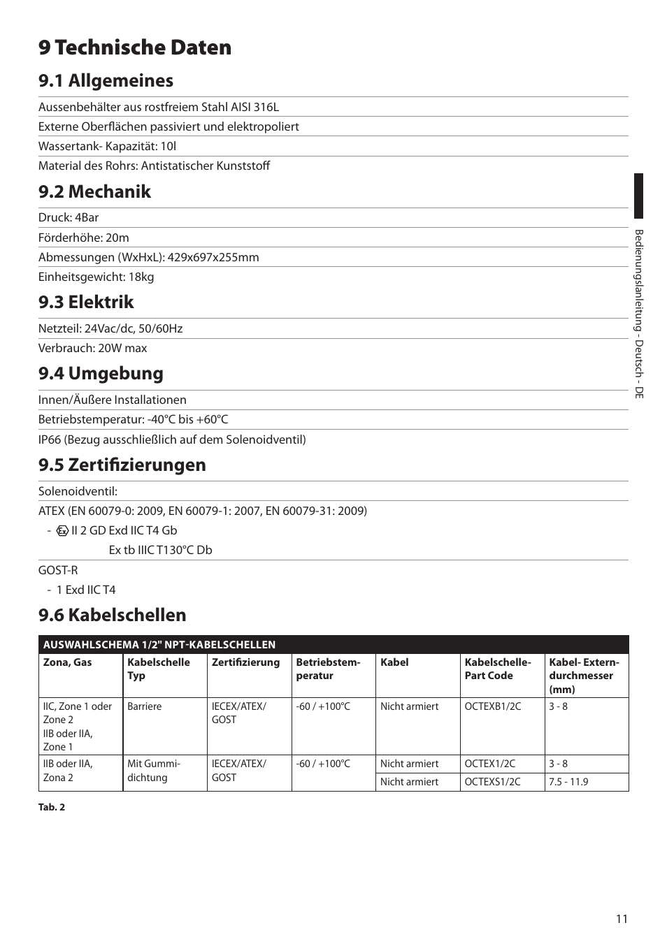 9 technische daten, 1 allgemeines, 2 mechanik | 3 elektrik, 4 umgebung, 5 zertifizierungen, 6 kabelschellen | Videotec MAXIMUS WASEX User Manual | Page 49 / 64