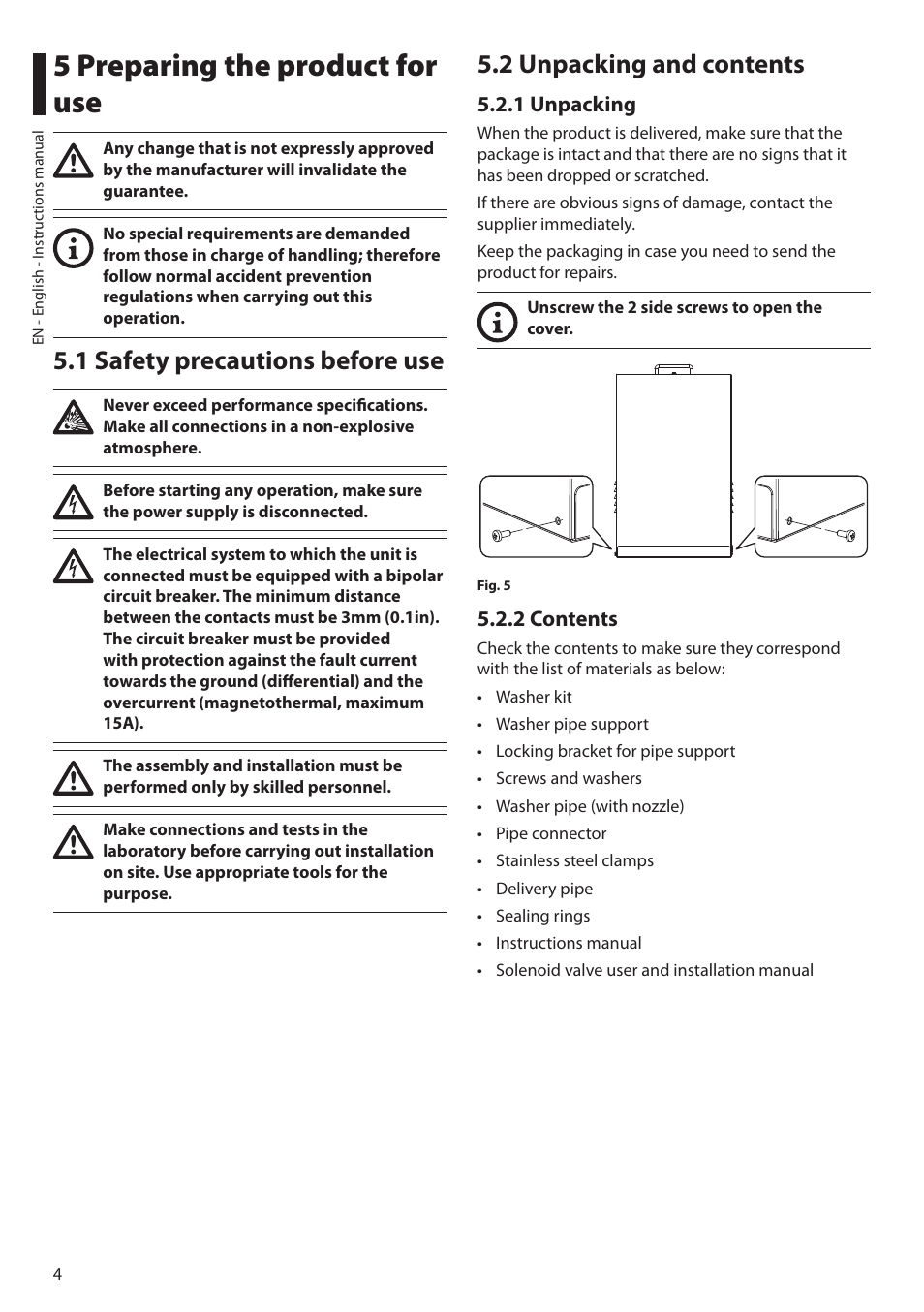 5 preparing the product for use, 1 safety precautions before use, 2 unpacking and contents | 1 unpacking, 2 contents | Videotec MAXIMUS WASEX User Manual | Page 6 / 64