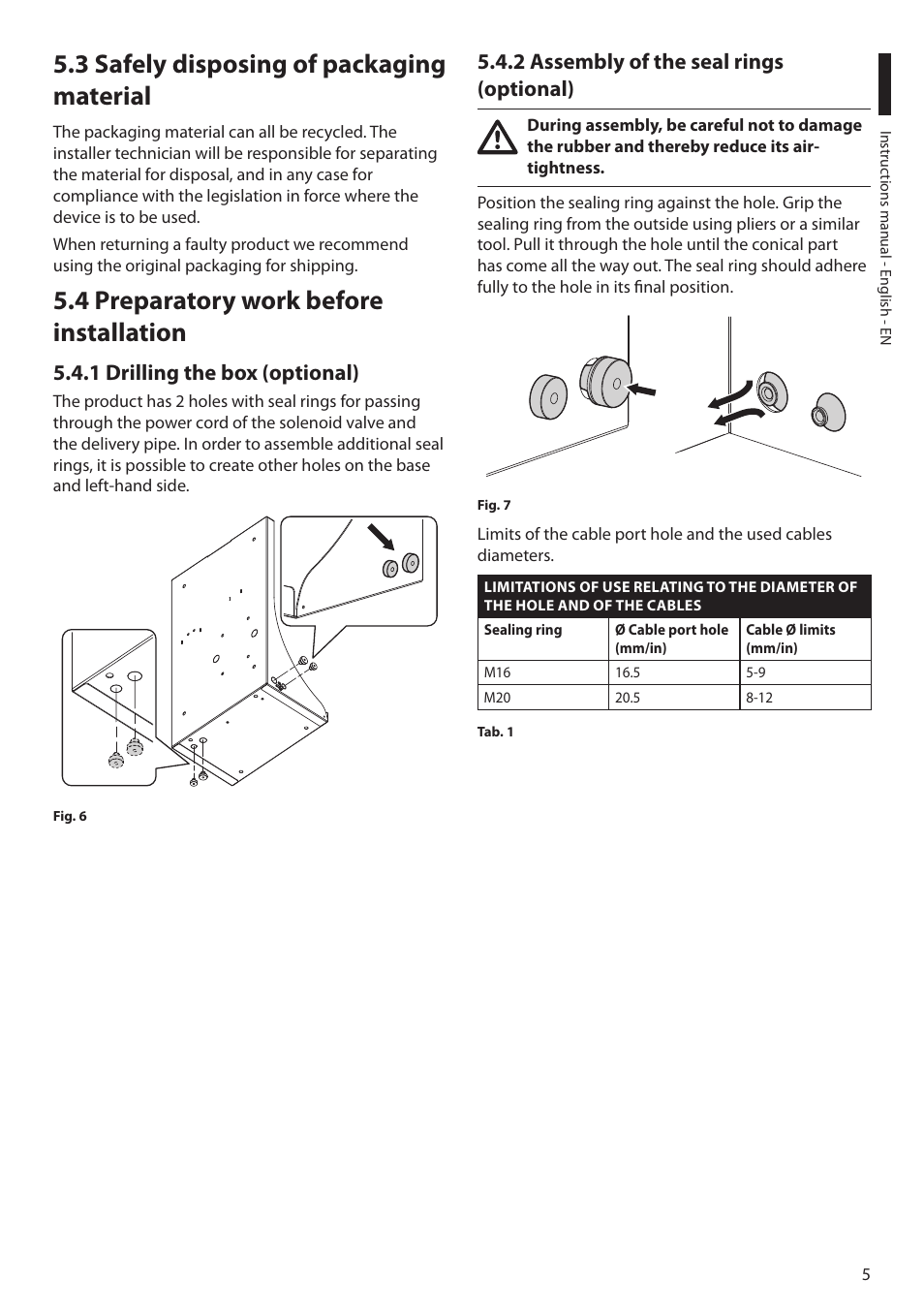 3 safely disposing of packaging material, 4 preparatory work before installation, 1 drilling the box (optional) | 2 assembly of the seal rings (optional) | Videotec MAXIMUS WASEX User Manual | Page 7 / 64